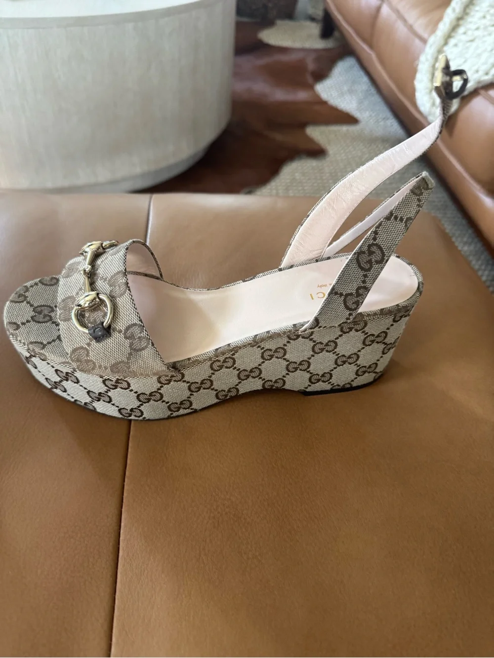 Gucci Tan Monogram Platform Slingback Sandals with Gold Horsebit